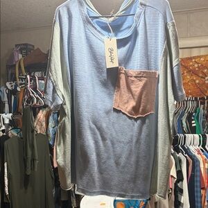 NWT Blue Velvet Cozy Oversized Waffle Knit short Sleeve Boho Top w/ Pocket
